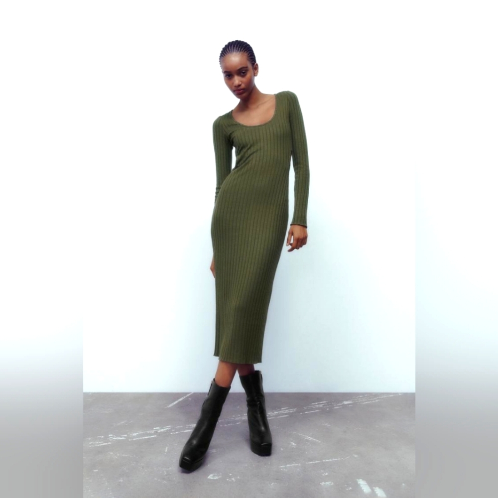 Zara Olive Green Ribbed Knit Dress